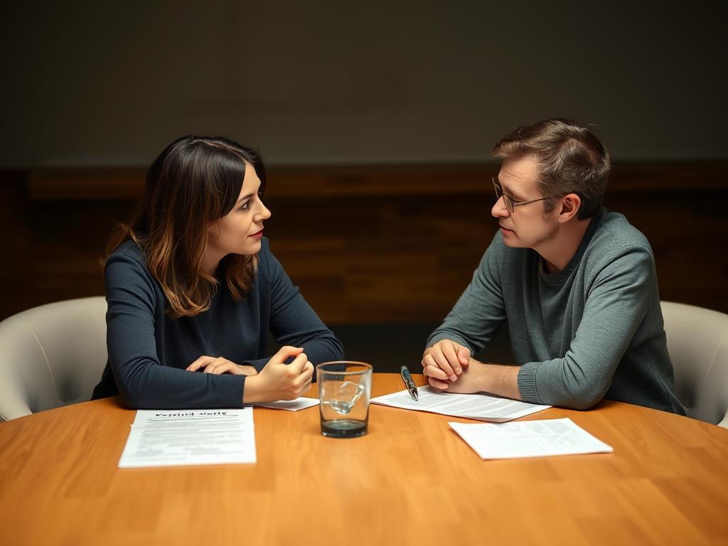 Dwie osoby spokojnie ustalające zasady kontaktu po rozstaniu Dwie osoby spokojnie ustalające zasady kontaktu po rozstaniu