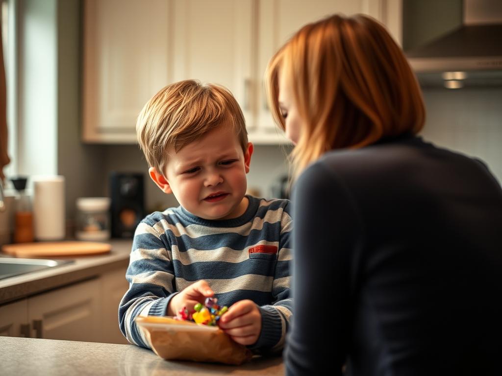 Dziecko manipulujące rodzicem poprzez udawanie płaczu, aby dostać cukierka