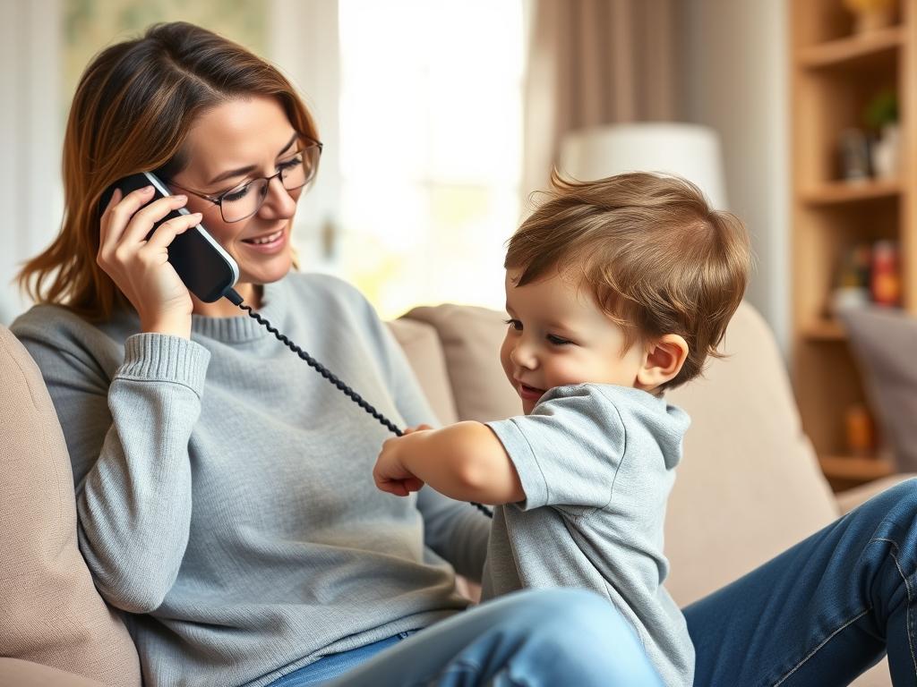 Dziecko niecierpliwie domagające się natychmiastowej uwagi rodzica zajętego rozmową telefoniczną