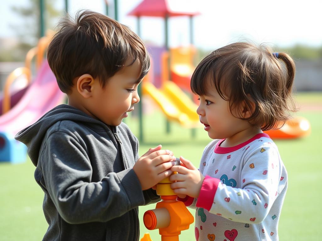 Dziecko odmawiające podzielenia się zabawkami z innym dzieckiem na placu zabaw