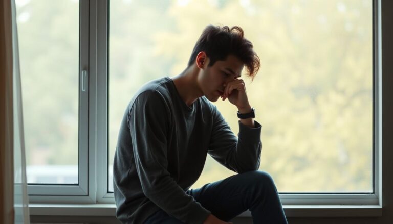 Osoba siedząca samotnie, zamyślona, przygotowująca się mentalnie do rozmowy o rozstaniu z partnerem