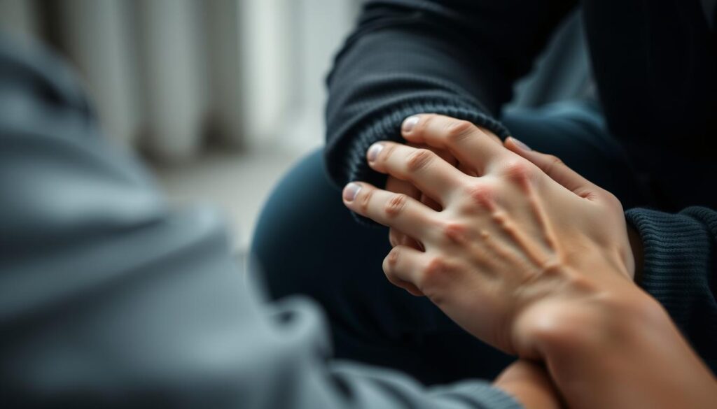 Osoba trzymająca dłoń partnera podczas szczerej, ale delikatnej rozmowy o rozstaniu Osoba trzymająca dłoń partnera podczas szczerej, ale delikatnej rozmowy o rozstaniu