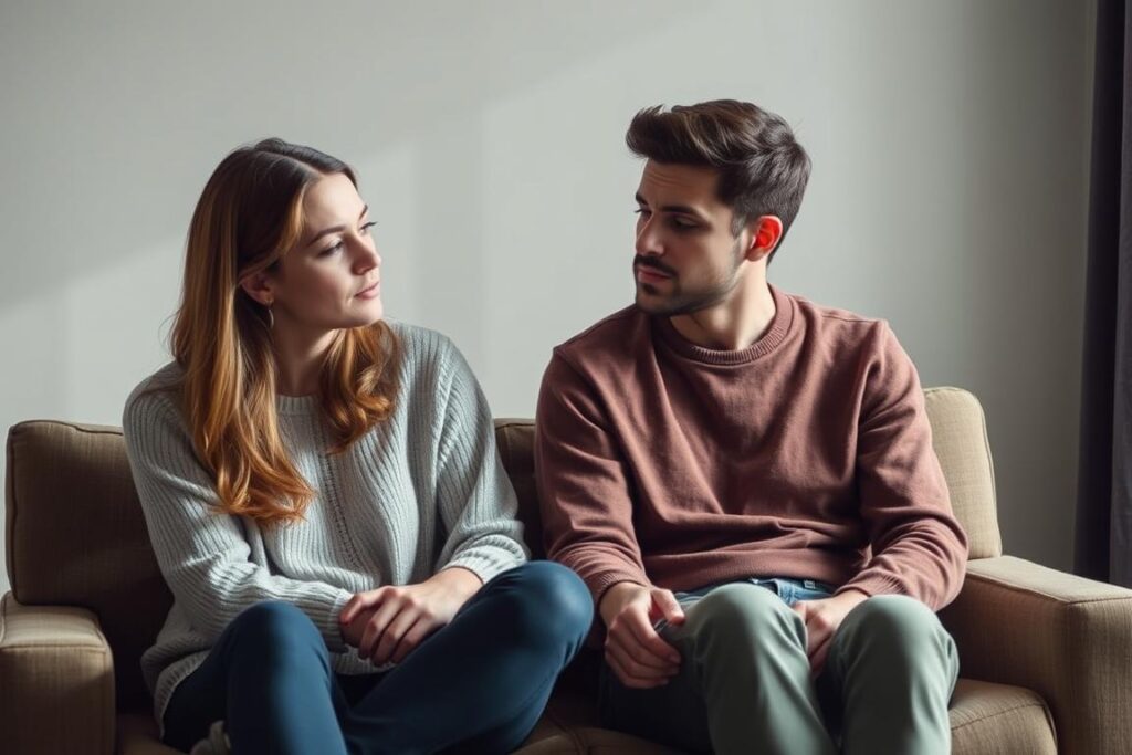 Para siedząca w ciszy, dająca sobie przestrzeń na przemyślenia podczas rozmowy o rozstaniu Para siedząca w ciszy, dająca sobie przestrzeń na przemyślenia podczas rozmowy o rozstaniu