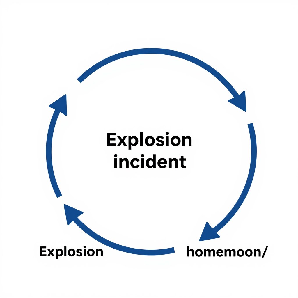 Diagram przedstawiający cykl przemocy: napięcie, wybuch, miodowy miesiąc, ilustrujący toksyczne zachowania partnera Diagram przedstawiający cykl przemocy: napięcie, wybuch, miodowy miesiąc, ilustrujący toksyczne zachowania partnera