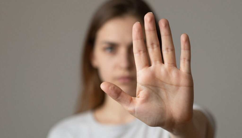 Osoba gestem ręki sygnalizująca 'stop', symbolizująca potrzebę ustanowienia granic w toksycznym związku Osoba gestem ręki sygnalizująca 'stop', symbolizująca potrzebę ustanowienia granic w toksycznym związku