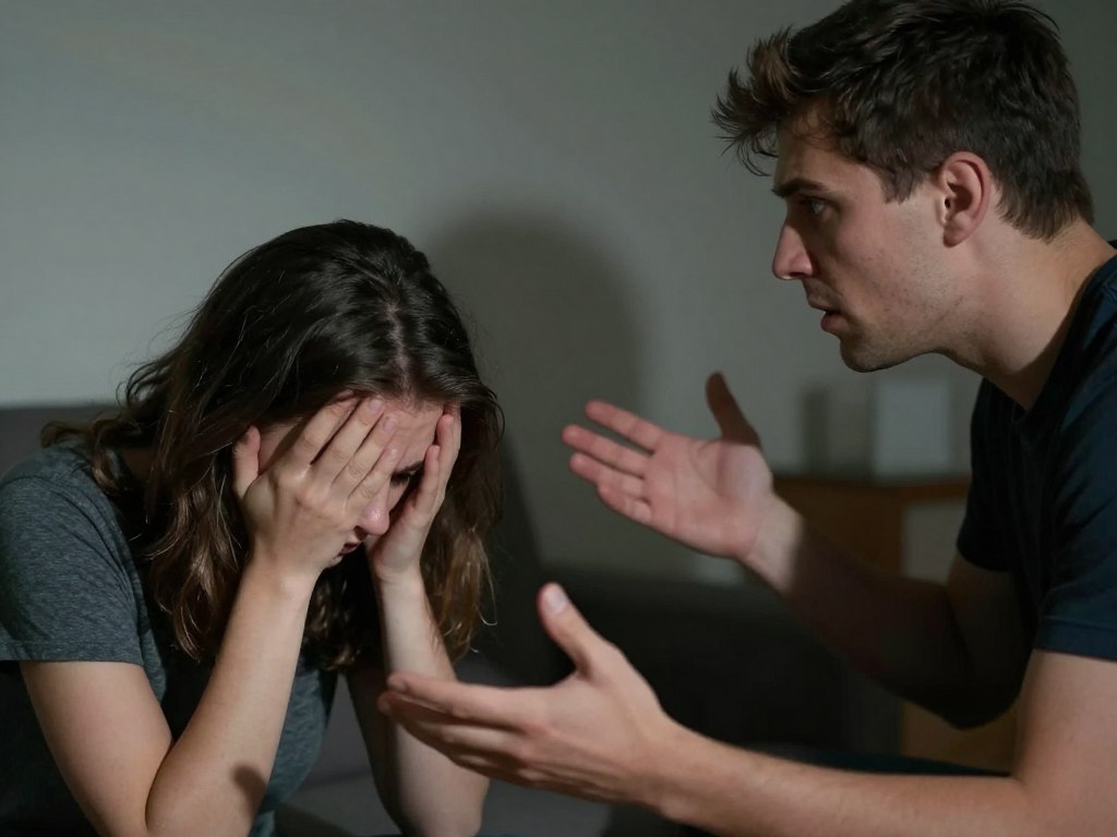 Osoba z opuszczoną głową podczas kłótni, symbolizująca emocjonalne znęcanie się w toksycznym związku Osoba z opuszczoną głową podczas kłótni, symbolizująca emocjonalne znęcanie się w toksycznym związku