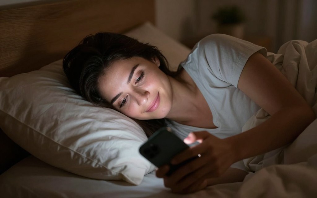 Kobieta leżąca w łóżku z uśmiechem, trzymająca telefon