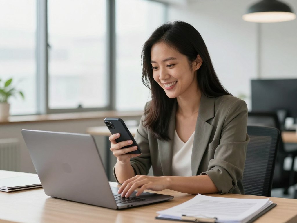 Kobieta pracująca przy laptopie z uśmiechem patrząca na telefon